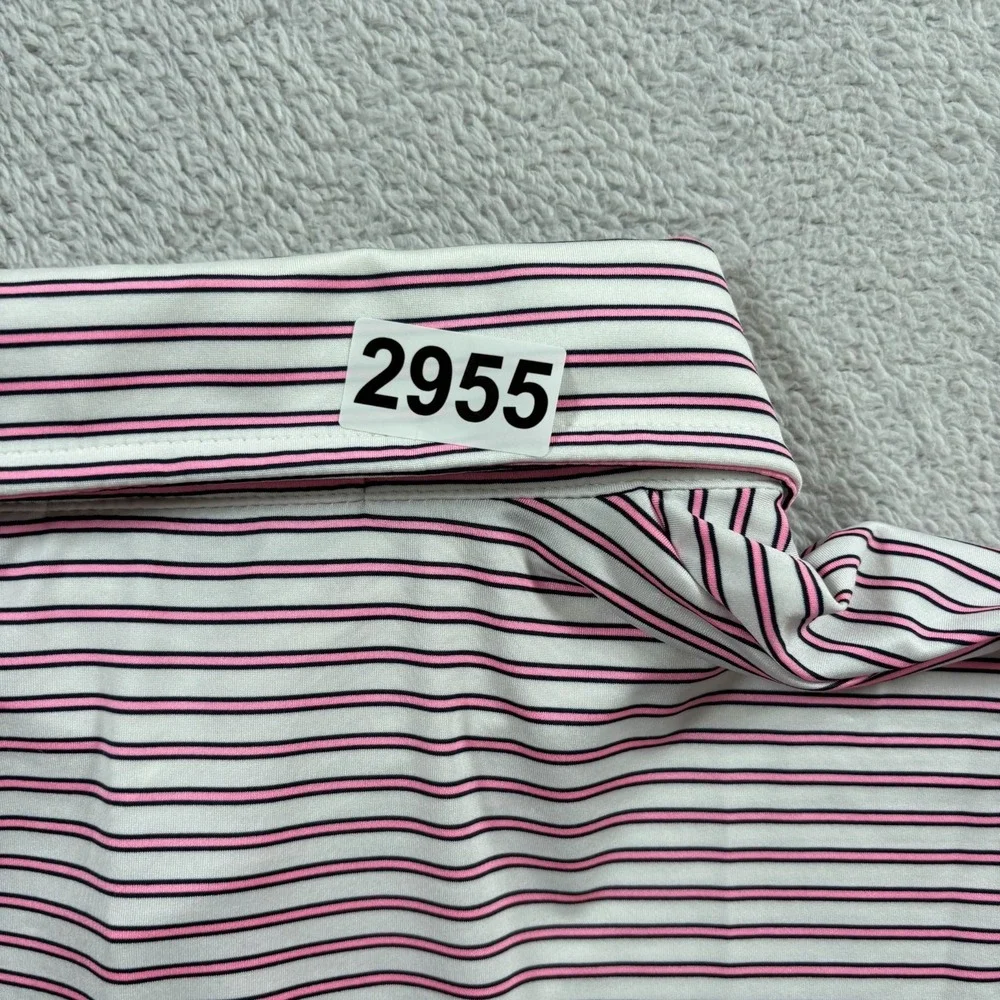 RLX Ralph Lauren Polo Shirt Mens Large Gray Pink Striped‎ High Low Hem Golf